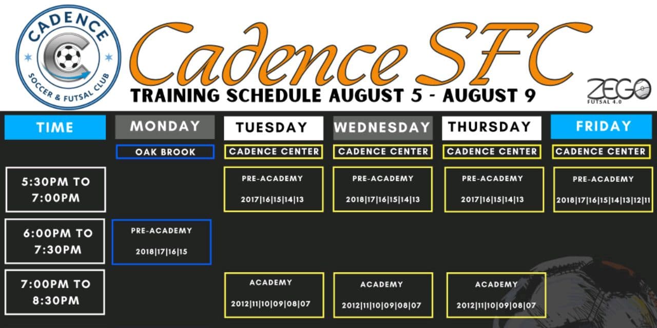 Training Schedule August 5 - August 9