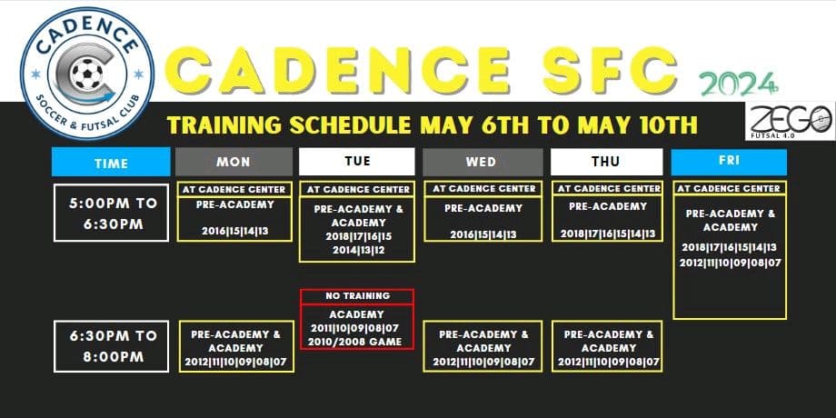 UPDATE: Training Schedule: May 6 - 10