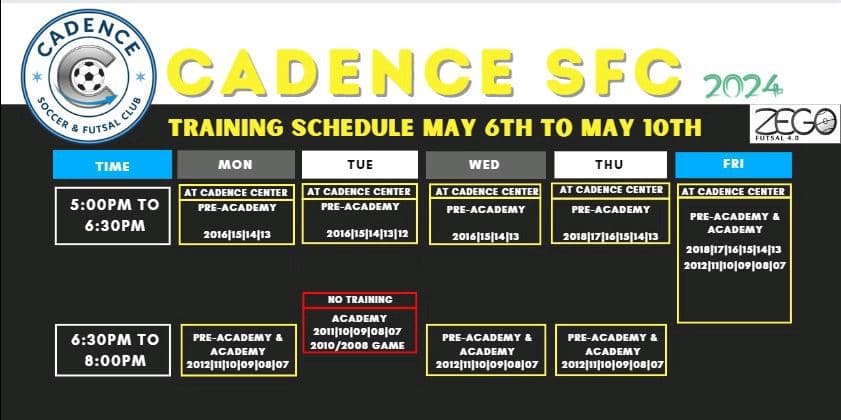 UPDATE: Training Schedule: May 6 - 10